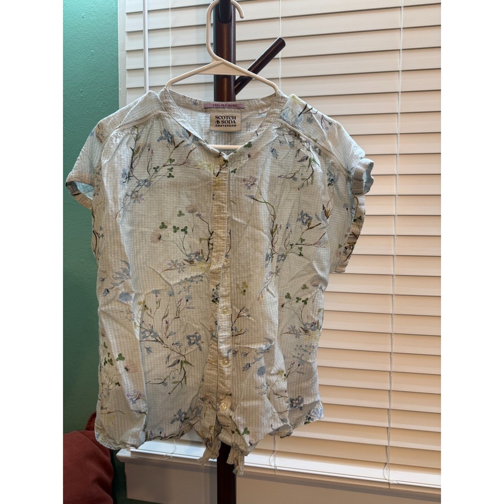 Scotch & Soda Blouse Womens XL Ivory Floral Button Front Viscose Cotton Boho